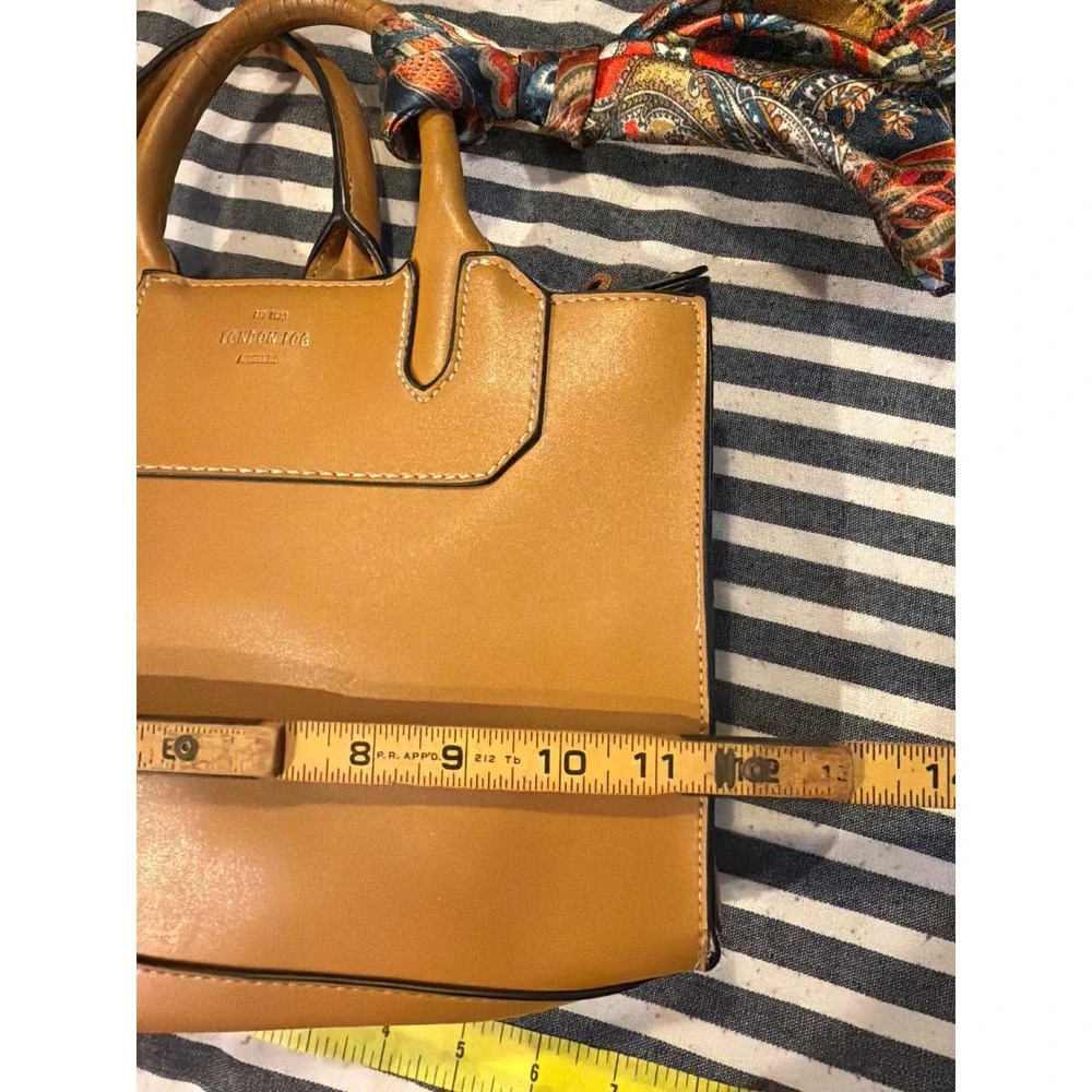 London Fog Tan Belmont Satchel Handbag with Paisley Scarf Accent